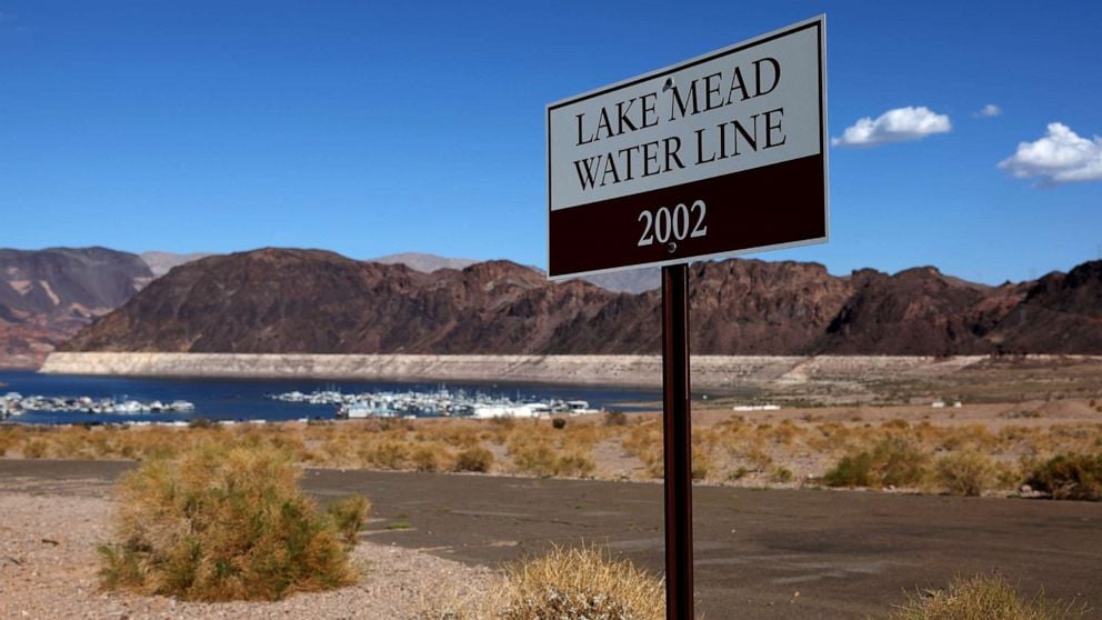 Lake Mead water line sign drought